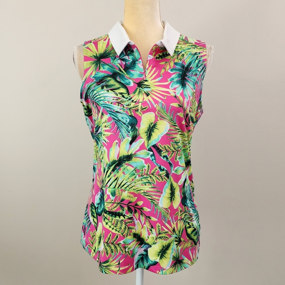 TOMMY BAHAMA GOLF Size Large Sleeveless Tropical 1/4 Zip Collared Polo Tank Top